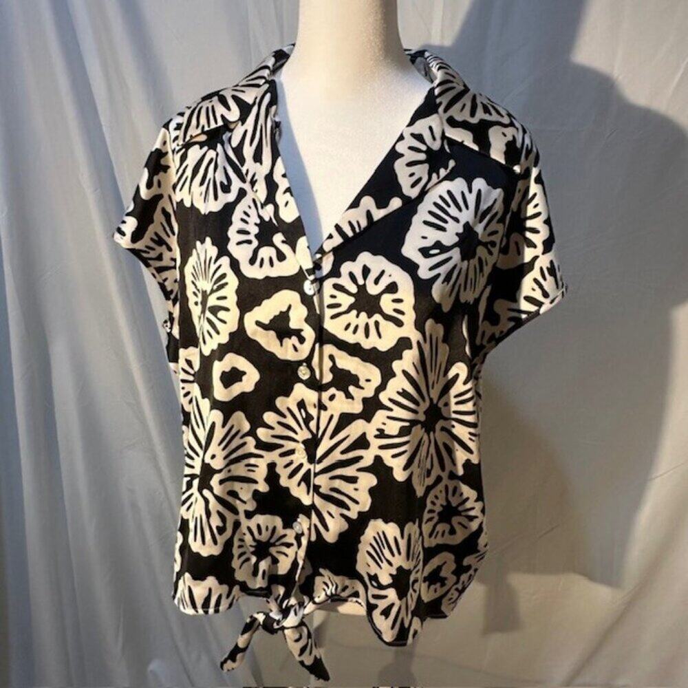 Rachel Zoe Black & White Satin Button & Tie‑Front Blouse Top Women’s Size M NWT